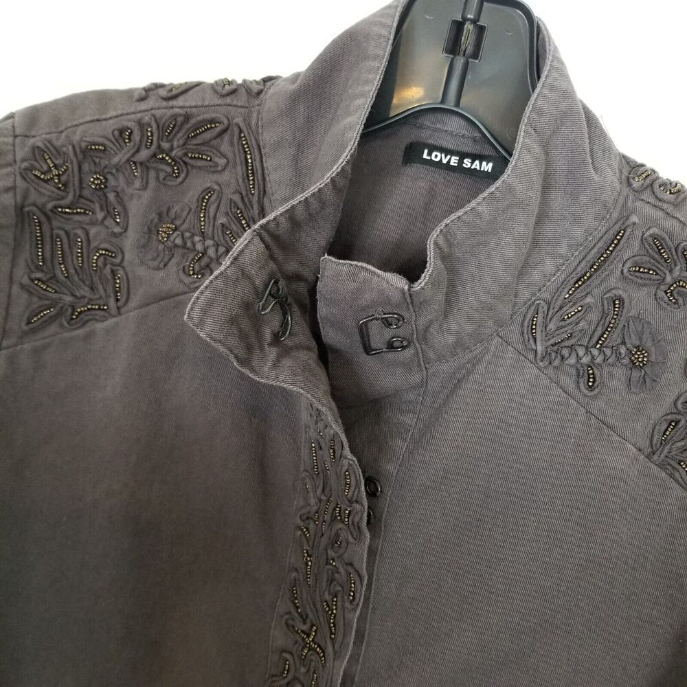 Love Sam Anthropologie Beaded Embroidered Jacket Sz S Brown Ribbon Cotton Boho - Picture 7 of 9